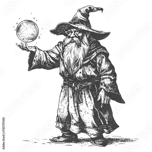 dwarf mage with magical orb full body images using Old engraving style body black color only