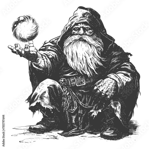 dwarf mage with magical orb full body images using Old engraving style body black color only