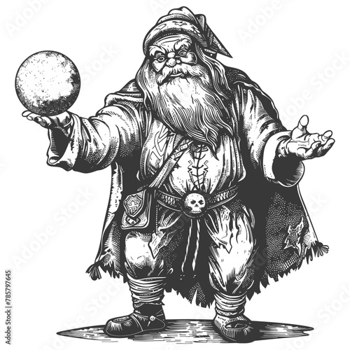 dwarf mage with magical orb full body images using Old engraving style body black color only