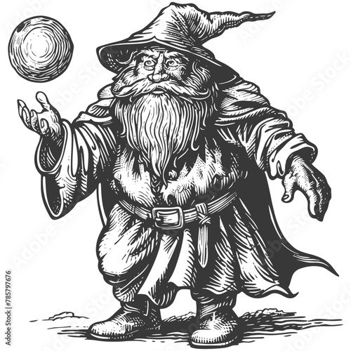 dwarf mage with magical orb full body images using Old engraving style body black color only