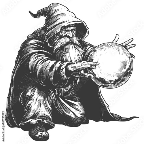 dwarf mage with magical orb full body images using Old engraving style body black color only