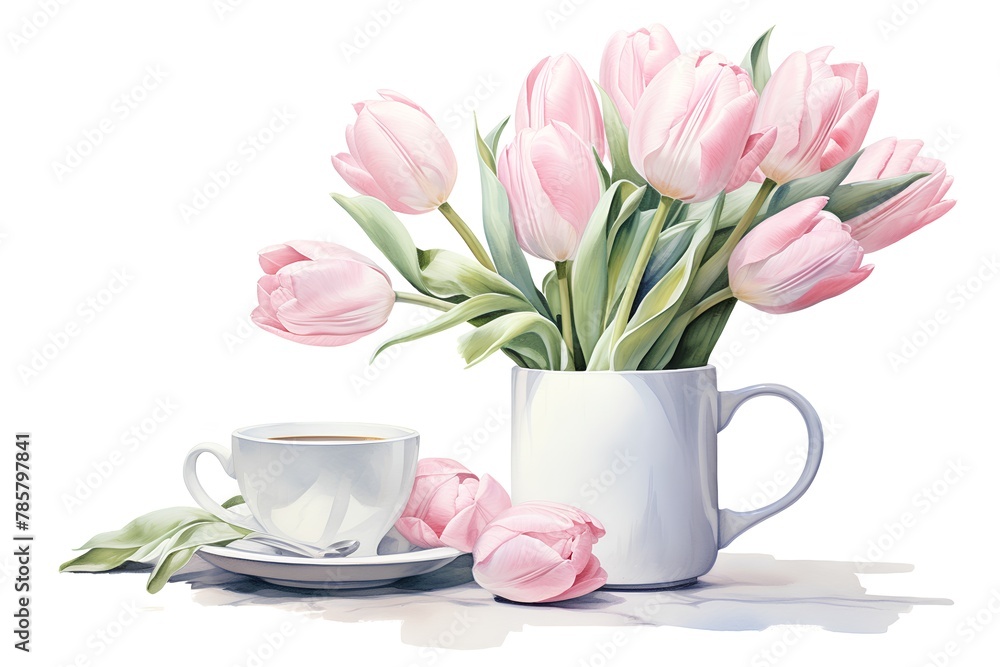 Pink tulips bouquet and cup of coffee isolated on white background Pink tulips bouquet and cup of coffee isolated on white background