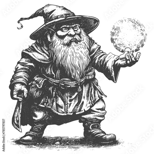 dwarf mage with magical orb full body images using Old engraving style body black color only