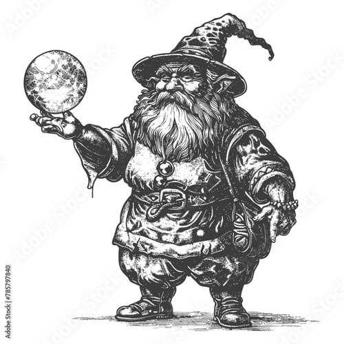 dwarf mage with magical orb full body images using Old engraving style body black color only
