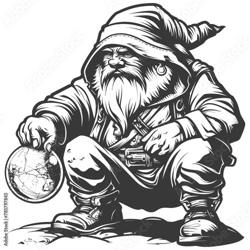 dwarf mage with magical orb full body images using Old engraving style body black color only