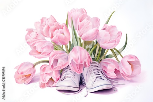 Bouquet of pink tulips and sneakers isolated on white background #785797876