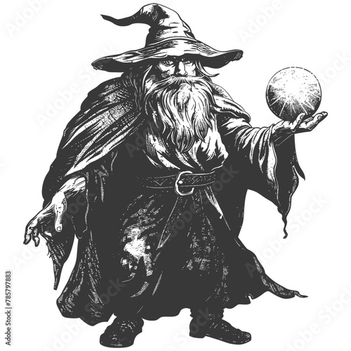dwarf mage with magical orb full body images using Old engraving style body black color only