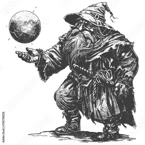 dwarf mage with magical orb full body images using Old engraving style body black color only