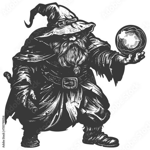 dwarf mage with magical orb full body images using Old engraving style body black color only