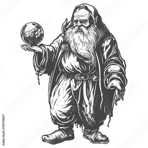 dwarf mage with magical orb full body images using Old engraving style body black color only