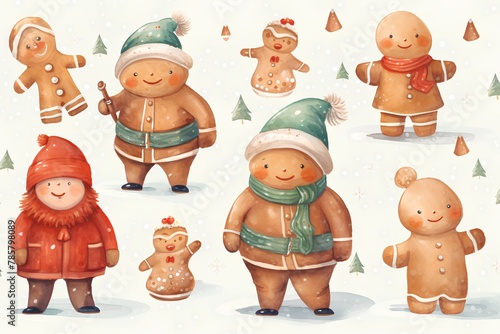 Seamless pattern with cute gingerbread men and women in winter clothes. Vector illustration. photo