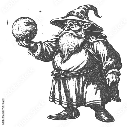 dwarf mage with magical orb full body images using Old engraving style body black color only