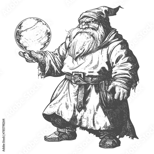 dwarf mage with magical orb full body images using Old engraving style body black color only