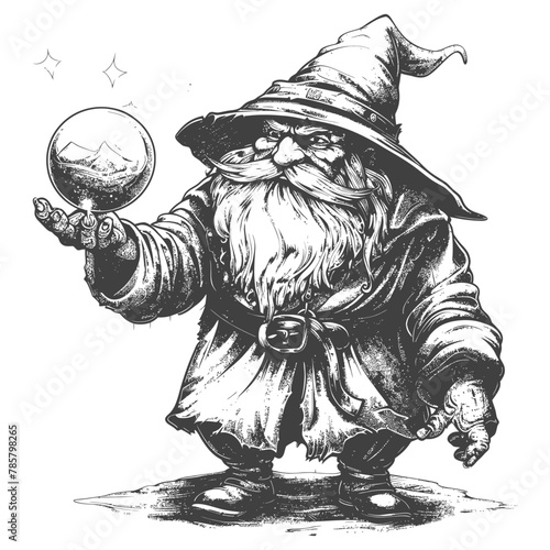 dwarf mage with magical orb full body images using Old engraving style body black color only