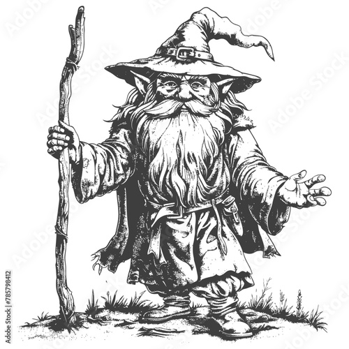 dwarf mage with magical staff full body images using Old engraving style body black color only