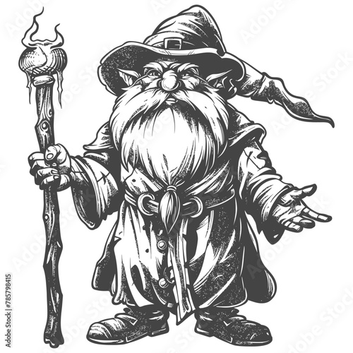 dwarf mage with magical staff full body images using Old engraving style body black color only