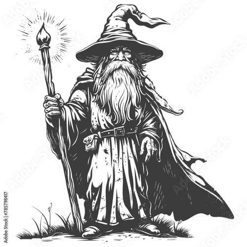 dwarf mage with magical staff full body images using Old engraving style body black color only