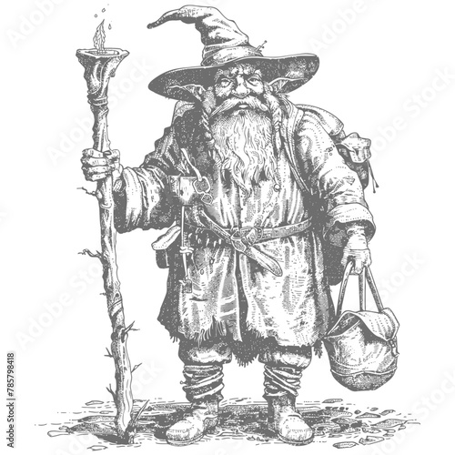 dwarf mage with magical staff full body images using Old engraving style body black color only
