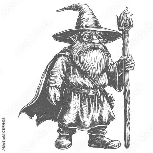 dwarf mage with magical staff full body images using Old engraving style body black color only