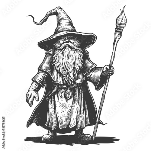 dwarf mage with magical staff full body images using Old engraving style body black color only