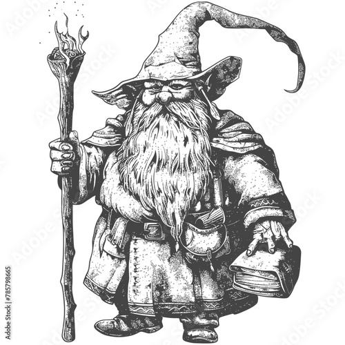 dwarf mage with magical staff full body images using Old engraving style body black color only