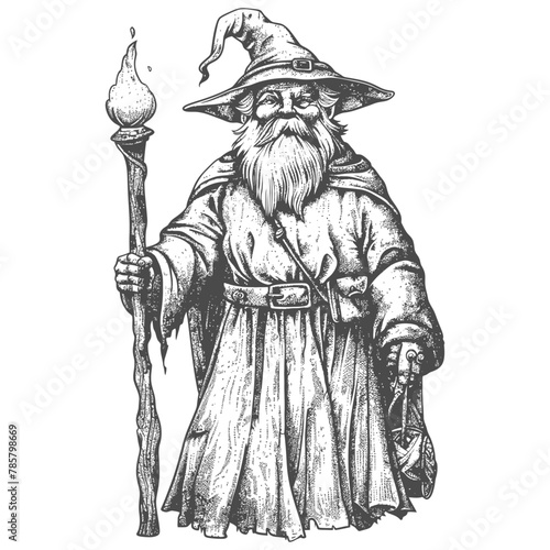 dwarf mage with magical staff full body images using Old engraving style body black color only