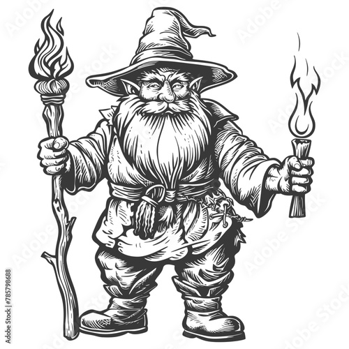 dwarf mage with magical staff full body images using Old engraving style body black color only