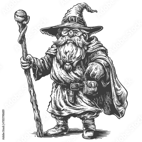 dwarf mage with magical staff full body images using Old engraving style body black color only
