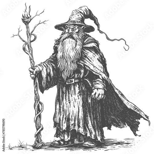 dwarf mage with magical staff full body images using Old engraving style body black color only