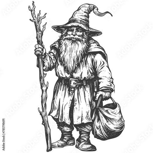 dwarf mage with magical staff full body images using Old engraving style body black color only