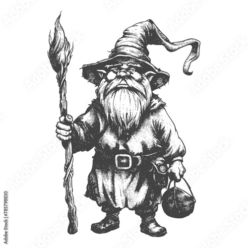 dwarf mage with magical staff full body images using Old engraving style body black color only