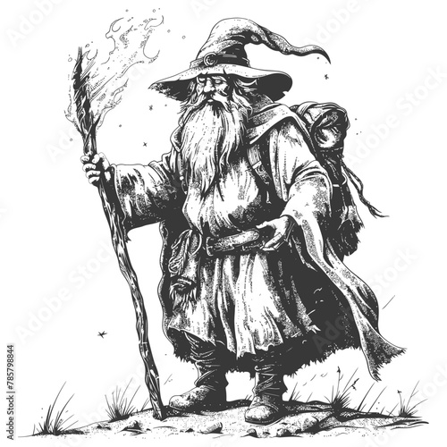 dwarf mage with magical staff full body images using Old engraving style body black color only