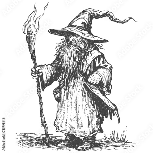dwarf mage with magical staff full body images using Old engraving style body black color only