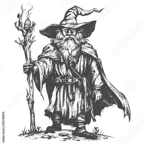 dwarf mage with magical staff full body images using Old engraving style body black color only