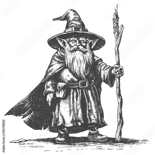 dwarf mage with magical staff full body images using Old engraving style body black color only