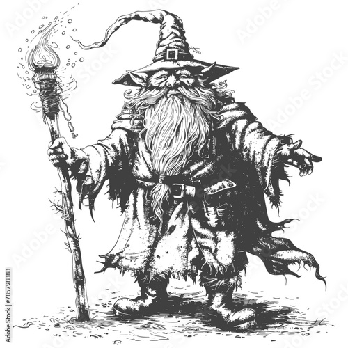 dwarf mage with magical staff full body images using Old engraving style body black color only
