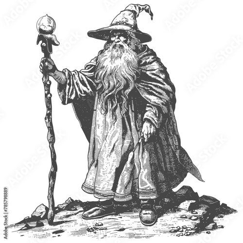 dwarf mage with magical staff full body images using Old engraving style body black color only