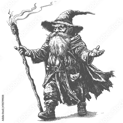 dwarf mage with magical staff full body images using Old engraving style body black color only