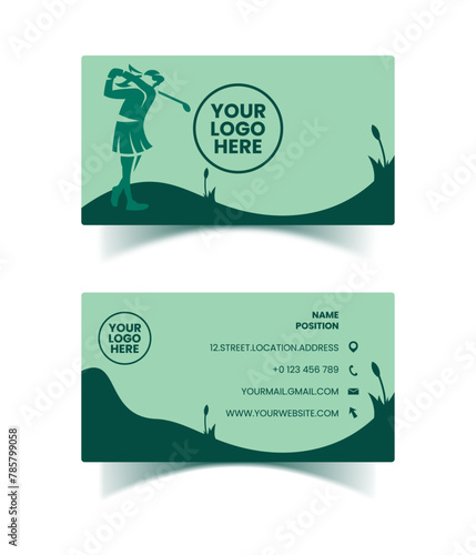 Business card design for golf club with women golfer illustration for brand identity mockup