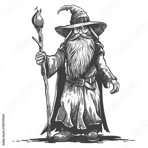 dwarf mage with magical staff full body images using Old engraving style body black color only