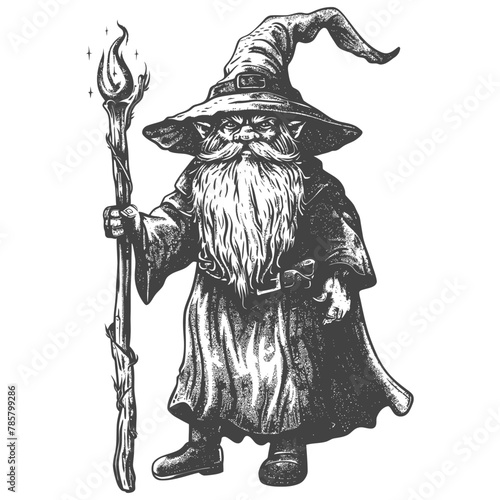 dwarf mage with magical staff full body images using Old engraving style body black color only
