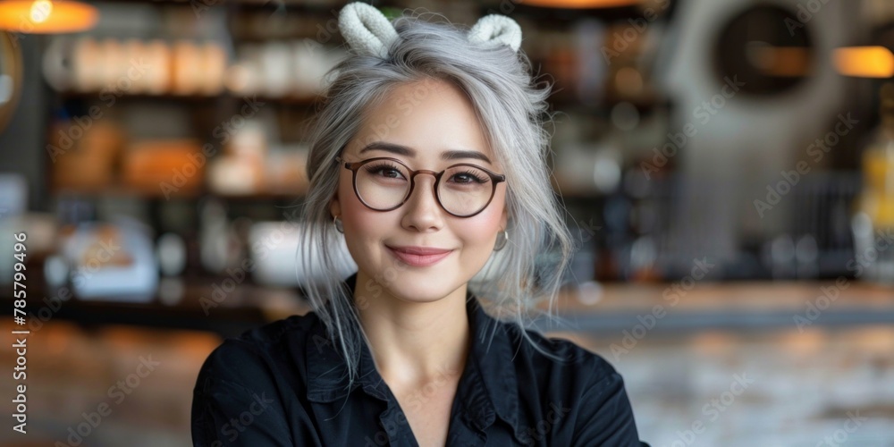 A stylish woman with striking grey hair elegantly dons a pair of glasses and quirky bunny ears, exuding a sense of whimsical charm and intrigue. A stylish woman with striking grey hair elegantly dons a pair of glasses and quirky bunny ears, exuding a sense of whimsical charm and intrigue.