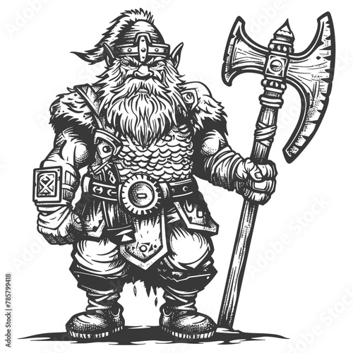 dwarf warrior full body images using Old engraving style body black color only