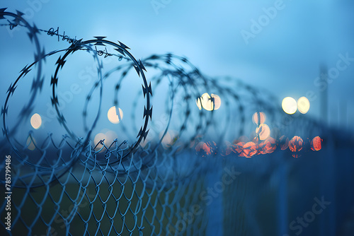 Blurred image of barbed wire rod fence, representing the abstract concept of social justice and human rights struggle. photo