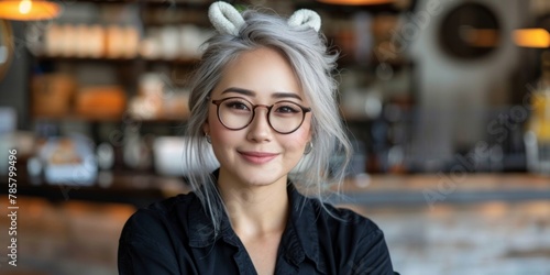 A stylish woman with striking grey hair elegantly dons a pair of glasses and quirky bunny ears, exuding a sense of whimsical charm and intrigue.