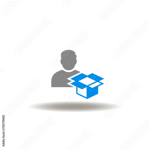 Vector illustration of man and open packaging box. Icon of 3PL Third Party Logistics. Symbol of unpacking. Sign of delivered parcel.