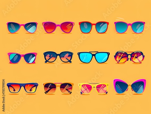 Collection of fashionable sunglasses in various designs and colors presented on a bright and vibrant multicolored background.. © Pakpong