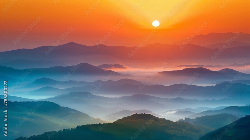 A breathtaking sunrise over a misty mountain range with layers of hills fading into the distance