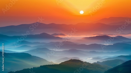 A breathtaking sunrise over a misty mountain range with layers of hills fading into the distance