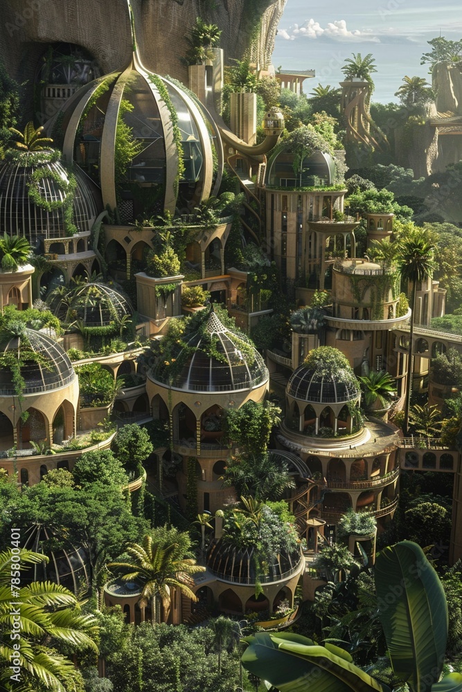 Fototapeta premium A visionary eco-friendly cityscape featuring advanced structures and green domes surrounded by nature.